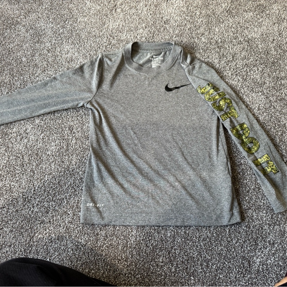 Nike Kids Gray Long Sleeve Tee with Black and Gold Accents